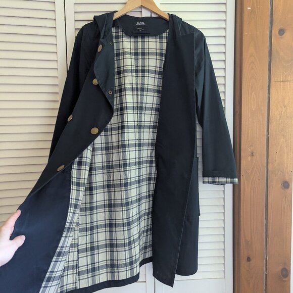 A.P.C. Navy Trench/Rain Coat with Hood. Plaid Lining! Women's 34/XS/S - Picture 6 of 7